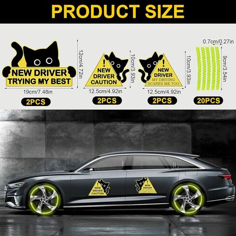 26 PCS Funny New Car Driver Magnets, Magnetic Student Driver Please Be Patient Signs Sticker Reusable Cute Black Cat for All Cars in Kuwait