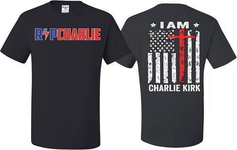 Charlie Kirk RIP Charlie Front & Back I Am Charlie Kirk USA Flag T-Shirts in Saudi Arabia