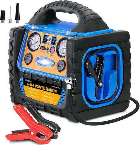 2200A Peak 6-in-1 Jump Starter مع ضاغط هواء 260PSI منفاخ إطارات، محطة طاقة 400 واط مع منافذ تيار متردد/تيار مستمر/USB، حزمة بطارية سيارة 12 فولت لمحركات الديزل 8.5 لتر غاز/6 لتر in Kuwait