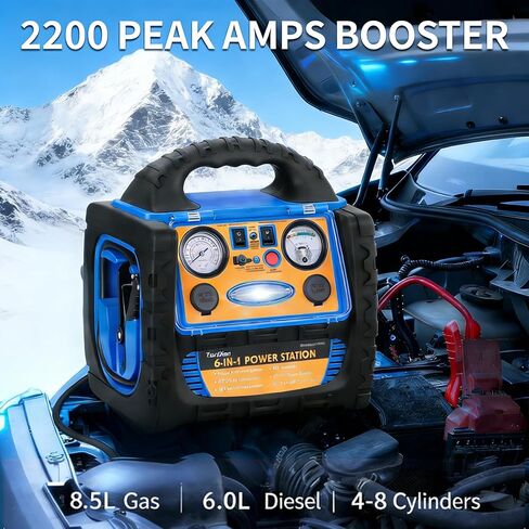 2200A Peak 6-in-1 Jump Starter مع ضاغط هواء 260PSI منفاخ إطارات، محطة طاقة 400 واط مع منافذ تيار متردد/تيار مستمر/USB، حزمة بطارية سيارة 12 فولت لمحركات الديزل 8.5 لتر غاز/6 لتر in Kuwait