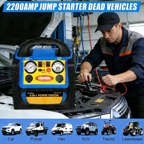 2200A Peak 6-in-1 Jump Starter مع ضاغط هواء 260PSI منفاخ إطارات، محطة طاقة 400 واط مع منافذ تيار متردد/تيار مستمر/USB، حزمة بطارية سيارة 12 فولت لمحركات الديزل 8.5 لتر غاز/6 لتر in Kuwait