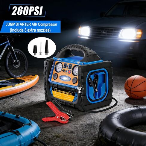 2200A Peak 6-in-1 Jump Starter مع ضاغط هواء 260PSI منفاخ إطارات، محطة طاقة 400 واط مع منافذ تيار متردد/تيار مستمر/USB، حزمة بطارية سيارة 12 فولت لمحركات الديزل 8.5 لتر غاز/6 لتر in Kuwait
