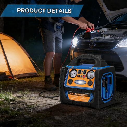 2200A Peak 6-in-1 Jump Starter مع ضاغط هواء 260PSI منفاخ إطارات، محطة طاقة 400 واط مع منافذ تيار متردد/تيار مستمر/USB، حزمة بطارية سيارة 12 فولت لمحركات الديزل 8.5 لتر غاز/6 لتر in Kuwait