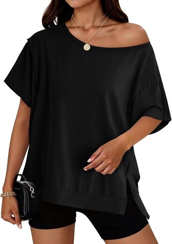 Yousify Womens Oversized T-Shirts Batwing Short Sleeve Slits Hem Tops Summer Casual Loose Fit Beach Vacation Shirts in Saudi Arabia