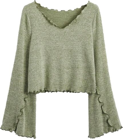 OYOANGLE Women's Plus Size Lettuce Trim Tee Shirt Flare Long Sleeve V Neck Going Out Tops in Saudi Arabia