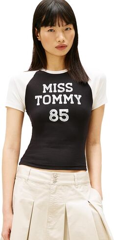 Tommy Jeans Women's Short Sleeve Cotton Graphic T-Shirts with Printed Varsity Logo in Kuwait