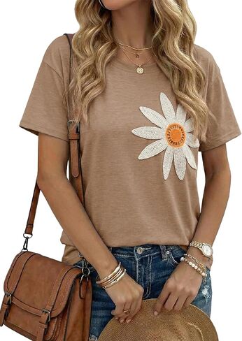 Dokotoo Summer Tops for Women 2026 Flower Embroidery Short Sleeve T-Shirts Crewneck Casual Loose Basic Tee Blouses in Saudi Arabia