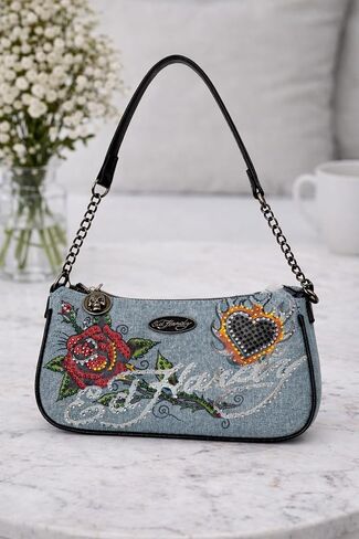 ED HARDY Denim Crossbody Bag with Rhinestone Details in Kuwait