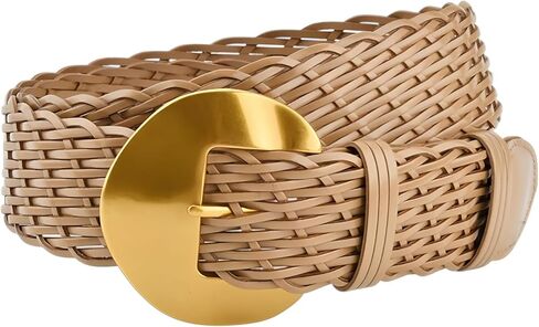 أحزمة جلدية مضفرة واسعة للسيدات للجينز والفساتين 1.8 بوصة أحزمة خصر منسوجة يدويًا بإبزيم ذهبي in Kuwait
