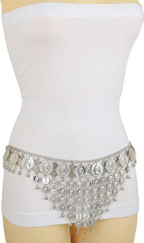 Women Silver Metal Fashion Belt - Ethnic Coin Greek Charms Belly Dance Hip Waist S M L in Saudi Arabia