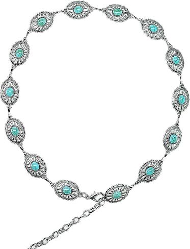 حزام كونشو باللون الفيروزي وأحزمة راعية البقر بسلسلة فضية للنساء وأحزمة خصر فضية وحزام ريفي نسائي لطيف in Kuwait