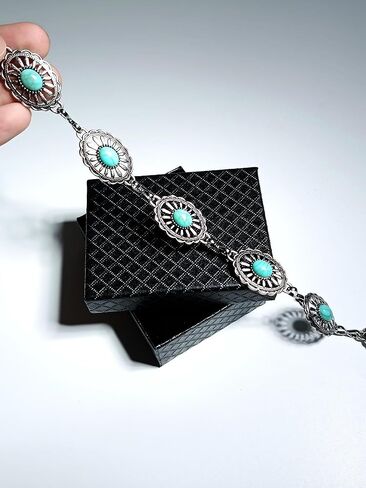 حزام كونشو باللون الفيروزي وأحزمة راعية البقر بسلسلة فضية للنساء وأحزمة خصر فضية وحزام ريفي نسائي لطيف in Kuwait