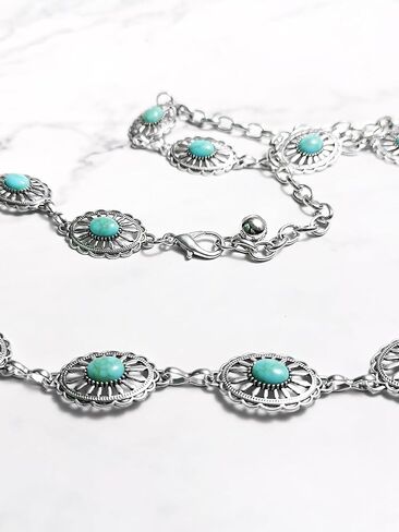 حزام كونشو باللون الفيروزي وأحزمة راعية البقر بسلسلة فضية للنساء وأحزمة خصر فضية وحزام ريفي نسائي لطيف in Kuwait