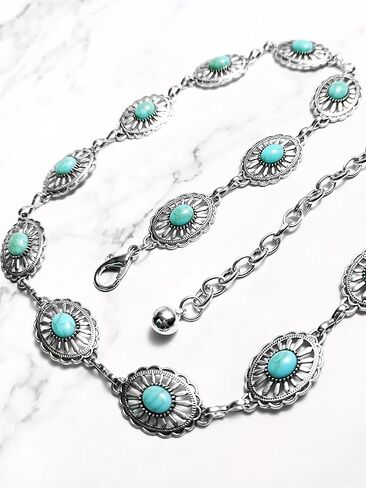 حزام كونشو باللون الفيروزي وأحزمة راعية البقر بسلسلة فضية للنساء وأحزمة خصر فضية وحزام ريفي نسائي لطيف in Kuwait