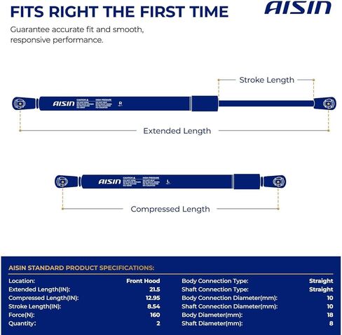 AISIN GASHY-00863 Front Hood Lift Supports Shock Struts - Compatible with Hyundai Equus 2011-2016 - Set of 2 in Kuwait
