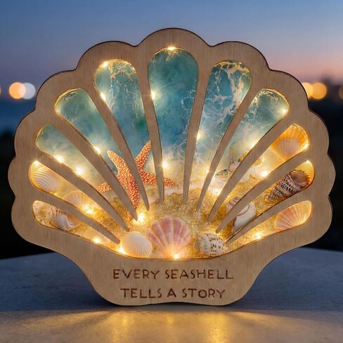 Seashell Display Case Wooden Sea Shell Holder with Lights and Window for Sea Glass, Starfish, Shark Tooth Collection Shadow Box Beach Home Decor Birthday Graduation Ocean Themed Gift in Saudi Arabia