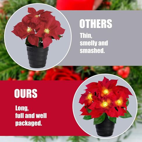 sggvecsy 2 حزمة زهور البونسيتة الاصطناعية الأحمر المخملي 12 بوصة نبات البونسيتة في وعاء LED مضاء من الحرير الصناعي بوعاء الزهور زينة عيد الميلاد للمنزل الداخلي والخارجي والحديقة هدية عيد الميلاد in Kuwait