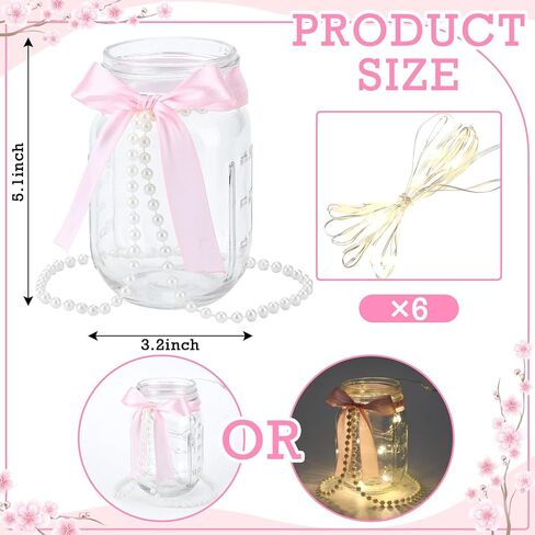 6 مجموعات من برطمانات ميسون للقطع المركزية وحفلات الزفاف ومزهريات جرة ميسون مع القوس الوردي وشريط اللؤلؤ لتزيين طاولة الزهور وحفلات الخطوبة وحفلات الزفاف in Kuwait