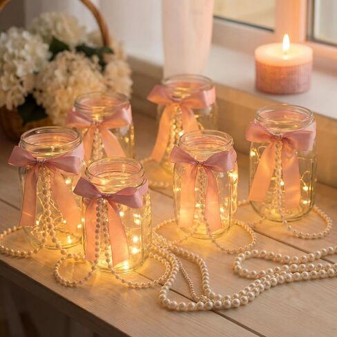 6 مجموعات من برطمانات ميسون للقطع المركزية وحفلات الزفاف ومزهريات جرة ميسون مع القوس الوردي وشريط اللؤلؤ لتزيين طاولة الزهور وحفلات الخطوبة وحفلات الزفاف in Kuwait