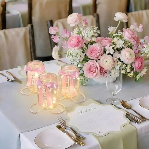 6 مجموعات من برطمانات ميسون للقطع المركزية وحفلات الزفاف ومزهريات جرة ميسون مع القوس الوردي وشريط اللؤلؤ لتزيين طاولة الزهور وحفلات الخطوبة وحفلات الزفاف in Kuwait