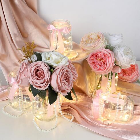 6 مجموعات من برطمانات ميسون للقطع المركزية وحفلات الزفاف ومزهريات جرة ميسون مع القوس الوردي وشريط اللؤلؤ لتزيين طاولة الزهور وحفلات الخطوبة وحفلات الزفاف in Kuwait
