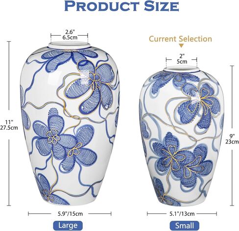 Blue and White Ceramic Vase for Home Decor – Hand-Painted Porcelain Flower Vase with Gold Accents – Chinoiserie-Inspired Home Decor Vases – 9" for Table, Shelf, or Mantel in Saudi Arabia