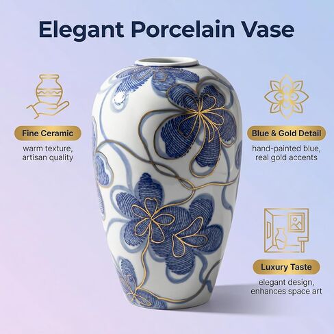 Blue and White Ceramic Vase for Home Decor – Hand-Painted Porcelain Flower Vase with Gold Accents – Chinoiserie-Inspired Home Decor Vases – 9" for Table, Shelf, or Mantel in Saudi Arabia