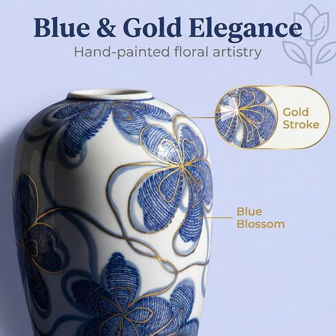 Blue and White Ceramic Vase for Home Decor – Hand-Painted Porcelain Flower Vase with Gold Accents – Chinoiserie-Inspired Home Decor Vases – 9" for Table, Shelf, or Mantel in Saudi Arabia