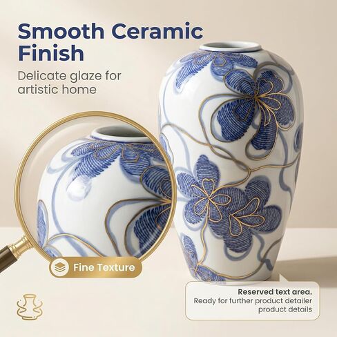 Blue and White Ceramic Vase for Home Decor – Hand-Painted Porcelain Flower Vase with Gold Accents – Chinoiserie-Inspired Home Decor Vases – 9" for Table, Shelf, or Mantel in Saudi Arabia