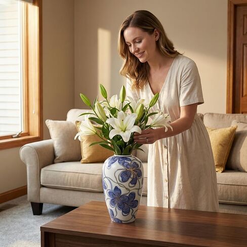 Blue and White Ceramic Vase for Home Decor – Hand-Painted Porcelain Flower Vase with Gold Accents – Chinoiserie-Inspired Home Decor Vases – 9" for Table, Shelf, or Mantel in Saudi Arabia