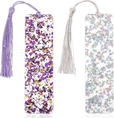 2Pcs Glitter Bookmarks Acrylic Bookmarks for Women Purple Silver Book Marks Bling Iridescent Bookmark with Tassel Resin Book Marks for Reading Presents in Saudi Arabia
