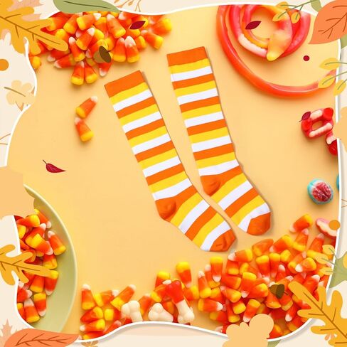 2 Pairs Candy Corn Socks Striped Knee High Stockings High Witch Knee Stockings Halloween Tube Socks in Kuwait