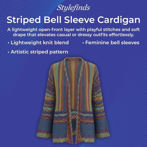 Striped Bell Sleeve Cardigan for Women, Knitted Open Front Jacket with Long Sleeves, Loose Outerwear Coat in Saudi Arabia
