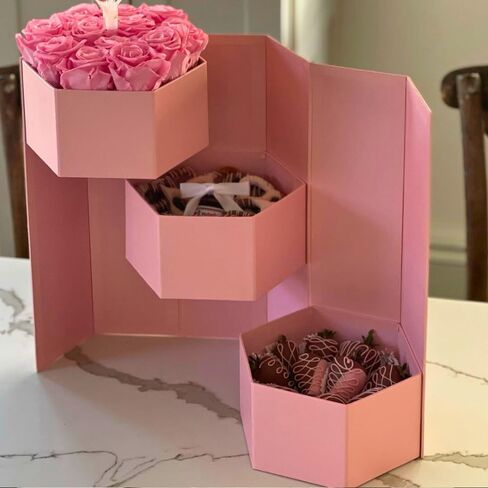 UNIKPACKAGING صندوق هدايا الزهور مع طبقات مفاجئة، شكل سداسي، 8.5 × 7.4 × 15 بوصة، للهدايا الفاخرة وترتيبات الزهور (وردي) in Kuwait