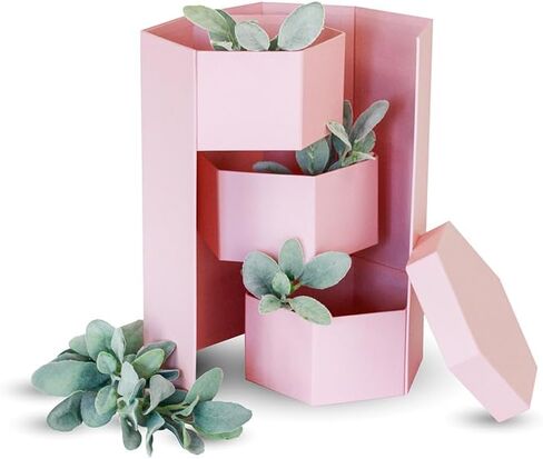 UNIKPACKAGING صندوق هدايا الزهور مع طبقات مفاجئة، شكل سداسي، 8.5 × 7.4 × 15 بوصة، للهدايا الفاخرة وترتيبات الزهور (وردي) in Kuwait
