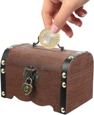 Yardwe Retro Treasure Chest with Lock and Key 5.7 Inch Wooden Piggy Bank Storage Box for Coins Kids Bank Home Office Organizer in Saudi Arabia