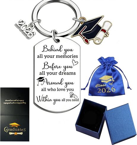 2026 Graduation Gifts Keychain with Poem, College Send-off Care Package for New Grad, Class of 2026 Senior Gift for Her Him, Black Card, Blue Velvet Pouch & Gift Box in Kuwait