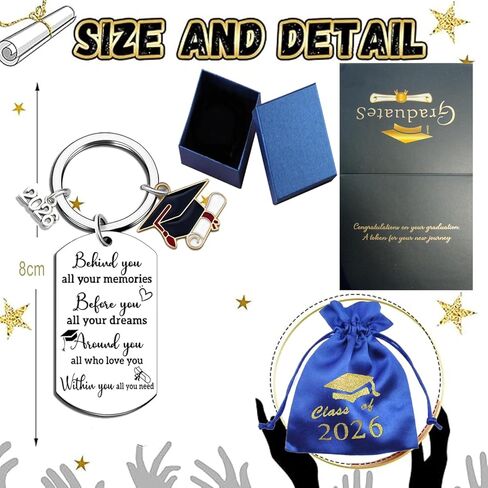 2026 Graduation Gifts Keychain with Poem, College Send-off Care Package for New Grad, Class of 2026 Senior Gift for Her Him, Black Card, Blue Velvet Pouch & Gift Box in Kuwait