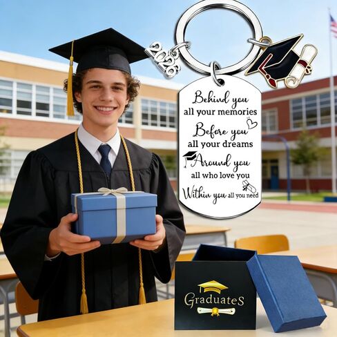 2026 Graduation Gifts Keychain with Poem, College Send-off Care Package for New Grad, Class of 2026 Senior Gift for Her Him, Black Card, Blue Velvet Pouch & Gift Box in Kuwait