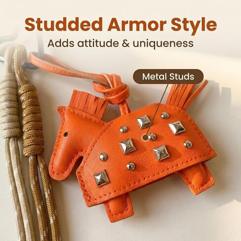 حقيبة على شكل سلسلة مفاتيح على شكل حصان برتقالي - سحر جلد فارس العصور الوسطى مع مسامير فضية ومحفظة حبل للحقيبة أو المفاتيح أو حقيبة الظهر in Kuwait