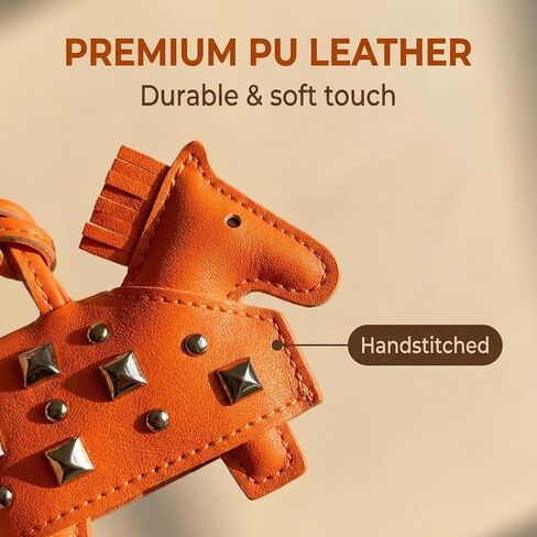 حقيبة على شكل سلسلة مفاتيح على شكل حصان برتقالي - سحر جلد فارس العصور الوسطى مع مسامير فضية ومحفظة حبل للحقيبة أو المفاتيح أو حقيبة الظهر in Kuwait