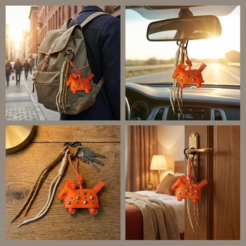حقيبة على شكل سلسلة مفاتيح على شكل حصان برتقالي - سحر جلد فارس العصور الوسطى مع مسامير فضية ومحفظة حبل للحقيبة أو المفاتيح أو حقيبة الظهر in Kuwait