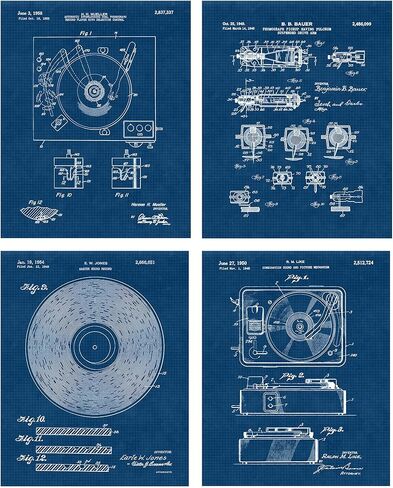 Vintage Vinyl Record Player Patent Prints, 4 (8x10) Unframed Photos, Wall Art Decor Gifts for Home Office Studio Gears Garage Man Cave College School Student Teacher Coach DJ Rock Roll Music Fans in Saudi Arabia