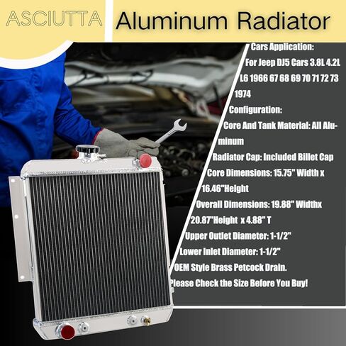 مشعاع أساسي مكون من 4 صفوف لـ 1966-1974 Jeep DJ5 3.8L 4.2L L6 AT/MT مشعات تبريد كاملة من الألومنيوم in Kuwait