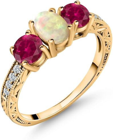 Gem Stone King 1.83 Cttw Oval Cabochon White Ethiopian Opal Red Created Ruby 18K Yellow Gold Plated Silver Ring for Women | Wedding Engagement Anniversary Promise Ring For Women in Saudi Arabia