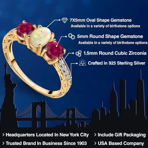 Gem Stone King 1.83 Cttw Oval Cabochon White Ethiopian Opal Red Created Ruby 18K Yellow Gold Plated Silver Ring for Women | Wedding Engagement Anniversary Promise Ring For Women in Saudi Arabia