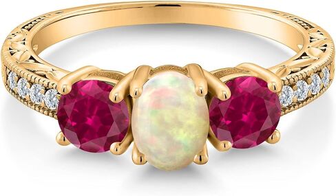 Gem Stone King 1.83 Cttw Oval Cabochon White Ethiopian Opal Red Created Ruby 18K Yellow Gold Plated Silver Ring for Women | Wedding Engagement Anniversary Promise Ring For Women in Saudi Arabia