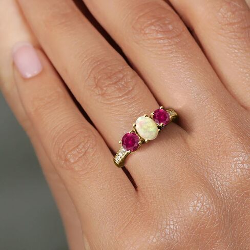 Gem Stone King 1.83 Cttw Oval Cabochon White Ethiopian Opal Red Created Ruby 18K Yellow Gold Plated Silver Ring for Women | Wedding Engagement Anniversary Promise Ring For Women in Saudi Arabia