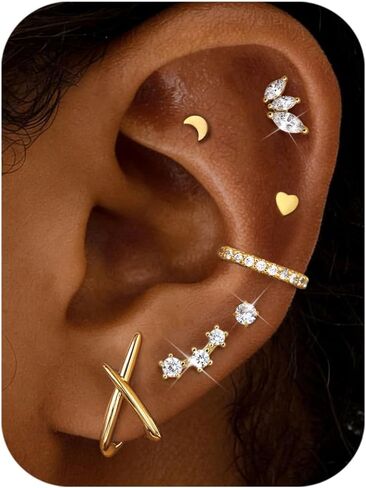 Tungary 7 Pairs 14K Gold Plated Surgical Stainless Steel Earrings Set for Multiple Piercings - Hypoallergenic Cartilage Stacking Studs with Butterfly Backs, Dainty Minimalist Jewelry Gift for Women in Saudi Arabia