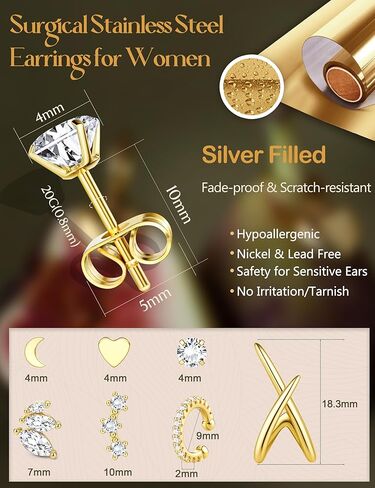 Tungary 7 Pairs 14K Gold Plated Surgical Stainless Steel Earrings Set for Multiple Piercings - Hypoallergenic Cartilage Stacking Studs with Butterfly Backs, Dainty Minimalist Jewelry Gift for Women in Saudi Arabia